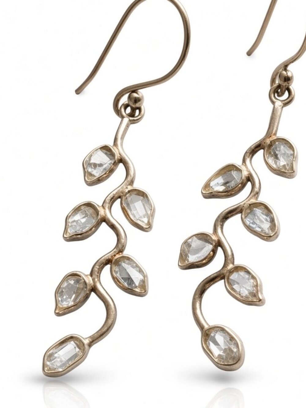 Vintage Sterling Silver Vine / Branch Dangle Earrings Herkimer Stones